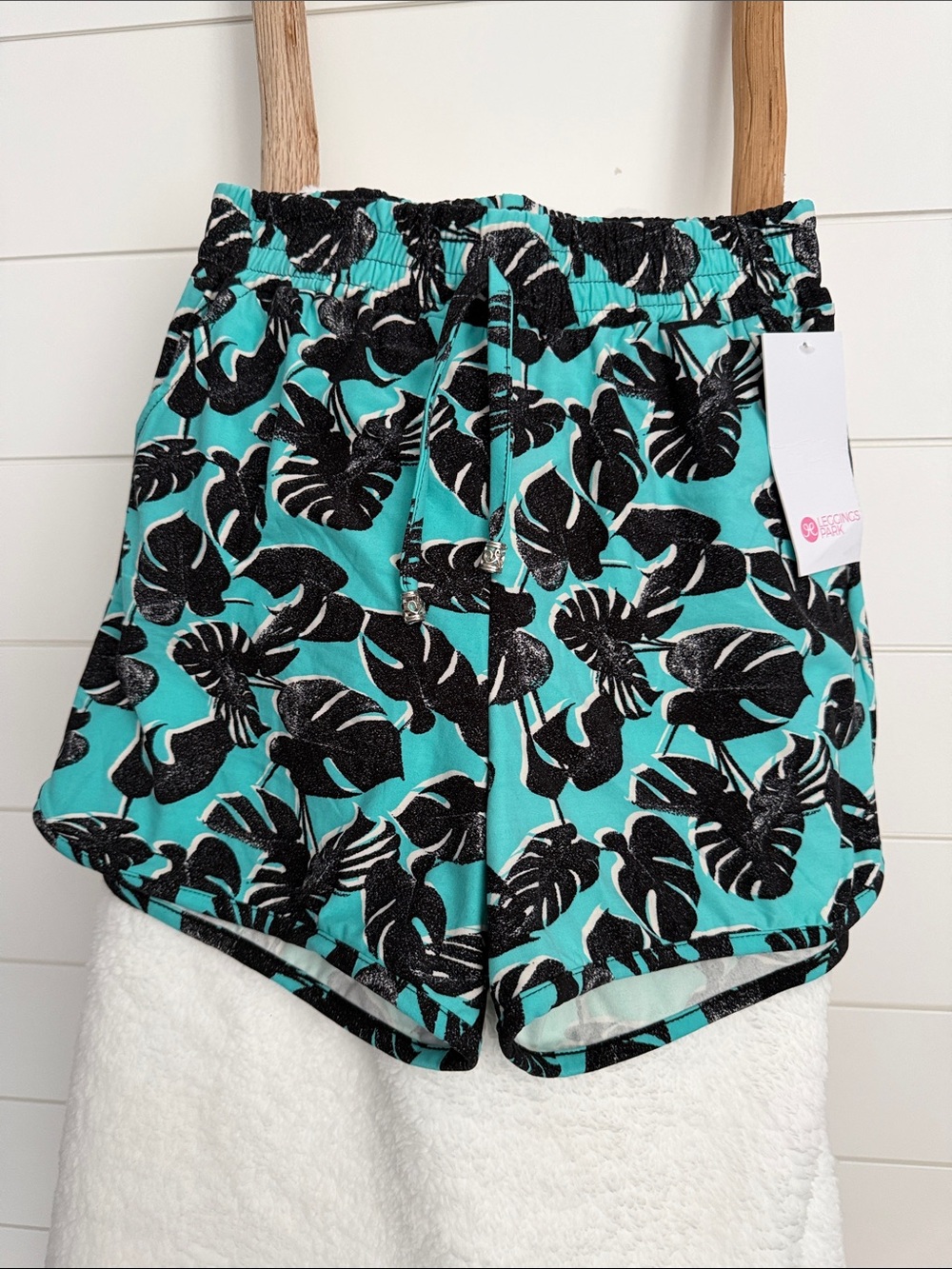 Athletic Teal Tropical Print Drawstring Shorts for Women